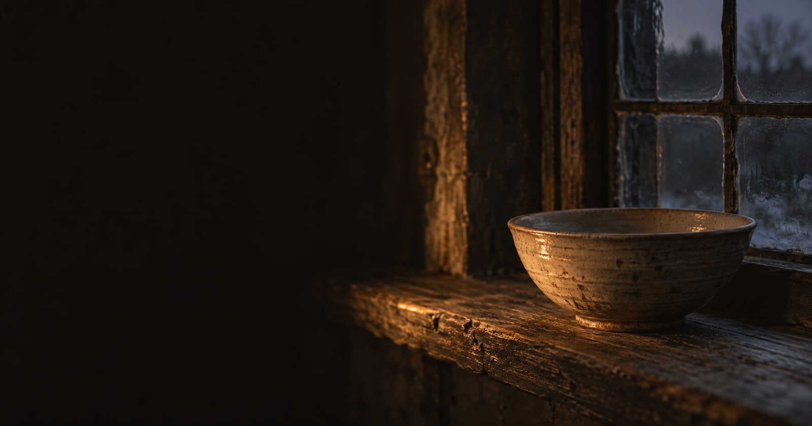 A pale bowl set on a worn windowsill at dusk, lit warm from within the room, snow beyond the glass.