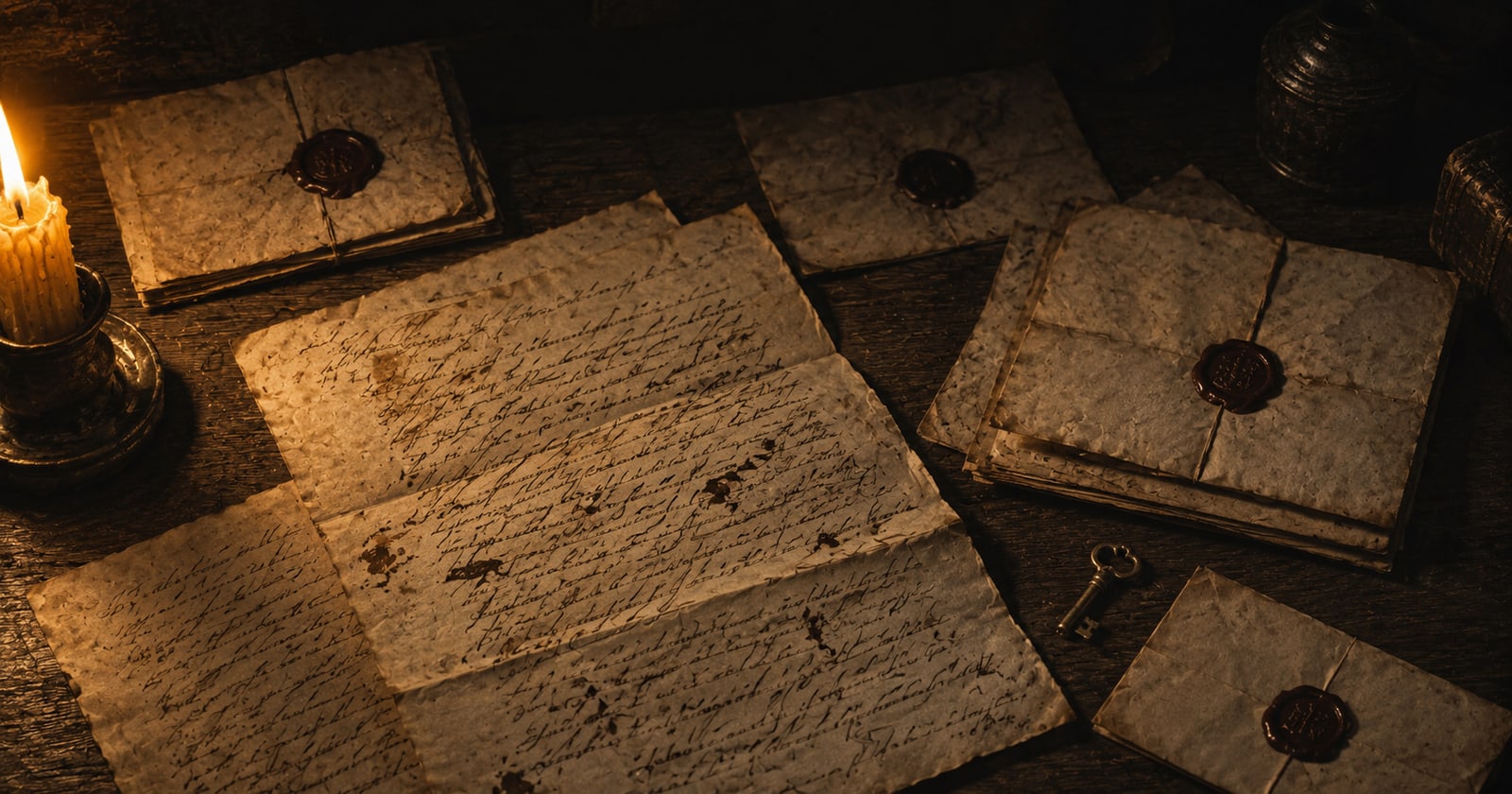 Sheets of close handwriting and sealed packets spread on a dark table by candlelight.