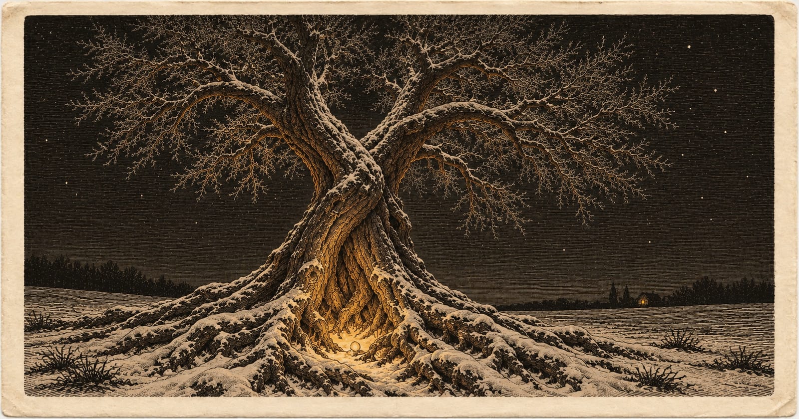An engraved plate of an old tree in snow at night, its roots lit from beneath.